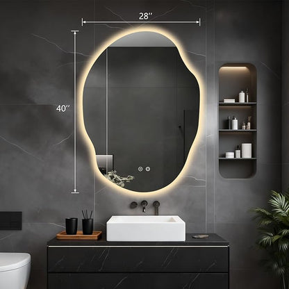 Asymmetrical Bathroom Mirror with Lights,Irregular LED Bathroom Vanity Mirror with Backlit,Anti-Fog,3 Colors and Dimmable Light with Memory,Hardwired Supported[Horizontal/Vertical] 40" H x 30" W