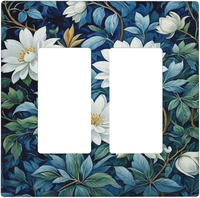 White Flowers Green Leaves Dual Outlet Covers Wall Plate 2 Gang Rocker Decora Decorative Switchplate Electrical Faceplate GFCI Light Switch Covers for Farmhouse Living Decor