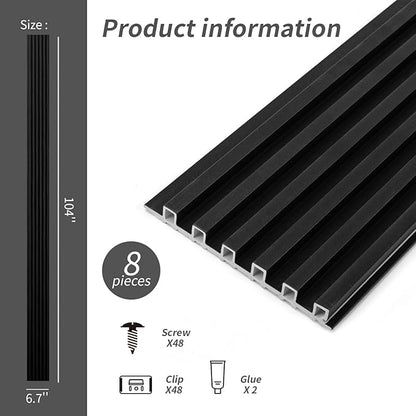 Art3dwallpanels Wood Slat Wall Paneling, 104'' x 6.7'' WPC Soundproof 3D Wall Panels for Interior Wall Decor, 8 Pack Fluted Textured Panel Wall Slats,Black