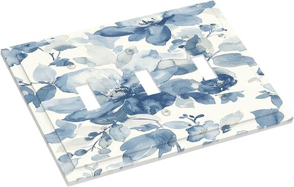 Decorative Switch Plates Blue Watercolor Floral 3 Gang Wall Plate Triple Toggle Light Switch Cover Faceplate Electrical Wall Panels for Bedroom Bathroom Decor