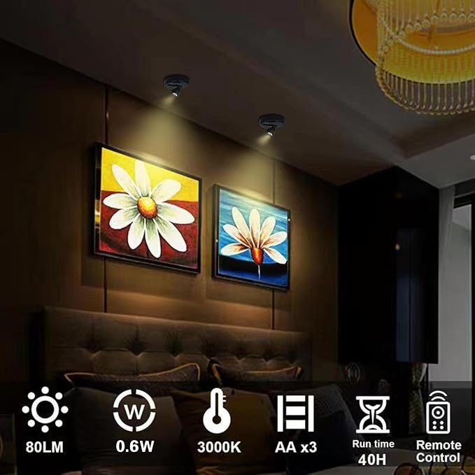 LED Spotlight, Battery Powered Picture Lights, Uplighting Indoor, Puck Lights with Remote, Plant Spot Light for Wall Art Display Dartboard Painting Artwork Accent Closet-4Pack