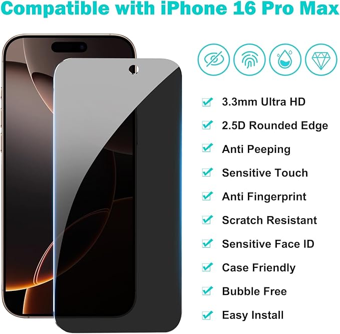 PEHAEL 3+3Pack for iPhone 16 Pro Max Privacy Screen Protector with Camera Lens Protector Full Coverage Anti-Spy Tempered Glass Film 9H Hardness Easy Installation Bubble Free [6.9 inch]