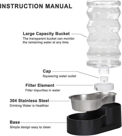 RIZZARI Dog Water Dispenser Bowl: 8L Large Black Stainless Steel Automatic Pet Dispenser with Triple Filter and Specialized Brush - for Senior Dogs with Joint Problems in Garage Garden