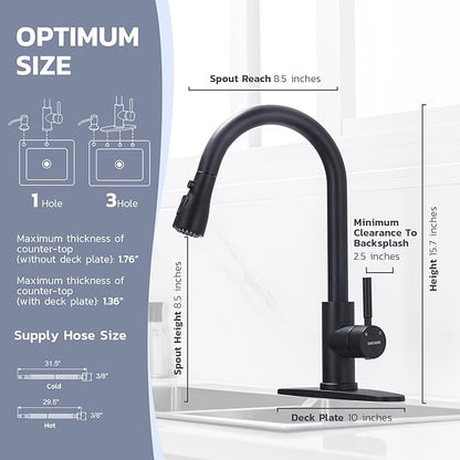 WEWE Black Kitchen Faucet with Soap Dispenser, Kitchen Sink Faucet with Pull Down Sprayer 3 Modes Stainless Steel Single Handle Single Hole Pull Out Matte Black Faucet for Bar Laundry RV Utility Sink