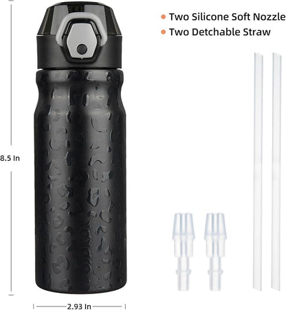 BJPKPK 18oz Insulated Water Bottle with Straw Stainless Steel Double Wall Water Bottles BPA Free Leak Proof Thermal Flask with Lockable Flip Lid and Soft Silicone Spout,Black Leopard