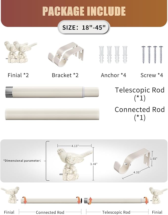 White Curtain Rod 18 to 45 Inches Curtain Rods for Windows Adjustable Heavy Duty Drapery Rod with Bird Finials for Kitchen Window Living Room