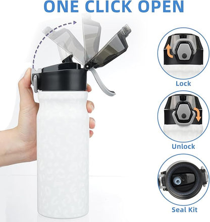 BJPKPK Water Bottle with Straw 18oz Insulated Water Bottles Reusable Stainless Steel Metal Thermal Flask with Leak Proof Lockable Lid and Carry Handle,Cream Leopard