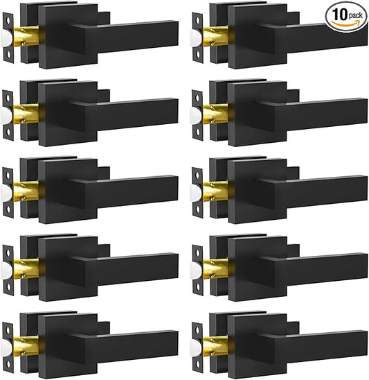 Passage Door Lever, 10 Pack Matte Black Interior Door Handles for Hallway and Closet, Heavy Duty Square Interior Keyless Door Handles Non-Locking Door Knobs for Right & Left Side Door