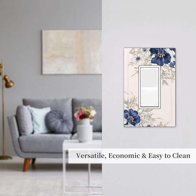 Decorative Outlet Covers Rustic Blue Beige Flower Peony Floral 1 Gang Rocker Light Switch Cover Plate Single Wall Plates for Electrical Outlets Switch Plate Covers Faceplate for Bedroom Decor