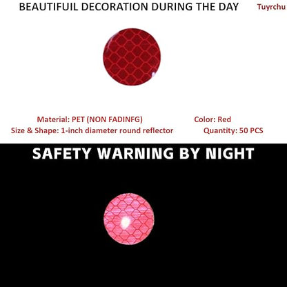 Non Fading Red Reflective Stickers 1-inch Diameter Round Reflector, Outdoor Waterproof High Visibility Warning Adhesive Tape (50 Pcs)
