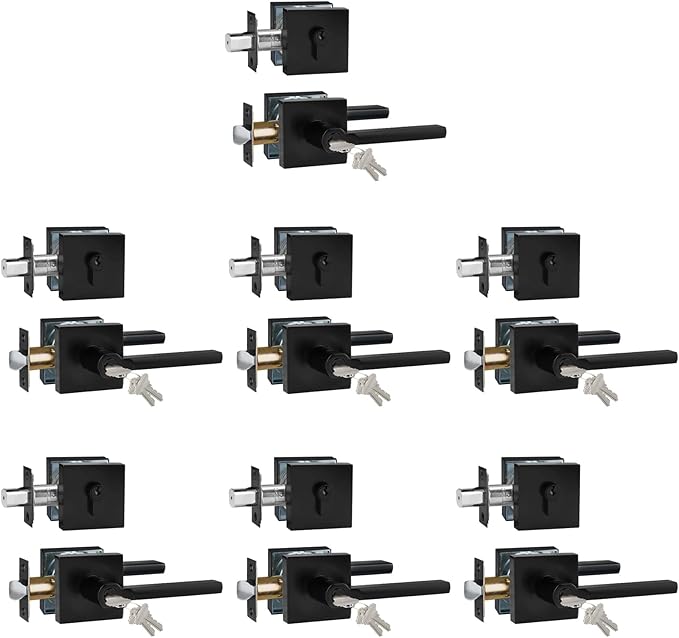 Keyed Entry Door Handle with Single Cylinder Deadbolt, Keyed Alike(Same Keys Only Per Set) Front Door/Exterior Door Lever Lockset, Matte Black, 7 Sets of Locks with 7 Sets of Different Keys
