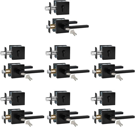 Keyed Entry Door Handle with Single Cylinder Deadbolt, Keyed Alike(Same Keys Only Per Set) Front Door/Exterior Door Lever Lockset, Matte Black, 7 Sets of Locks with 7 Sets of Different Keys