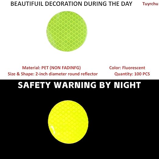 Non Fading Fluorescent Yellow Reflective Stickers 2-inch Diameter Round Reflector, Outdoor Waterproof High Visibility Warning Adhesive Tape (100 Pcs)