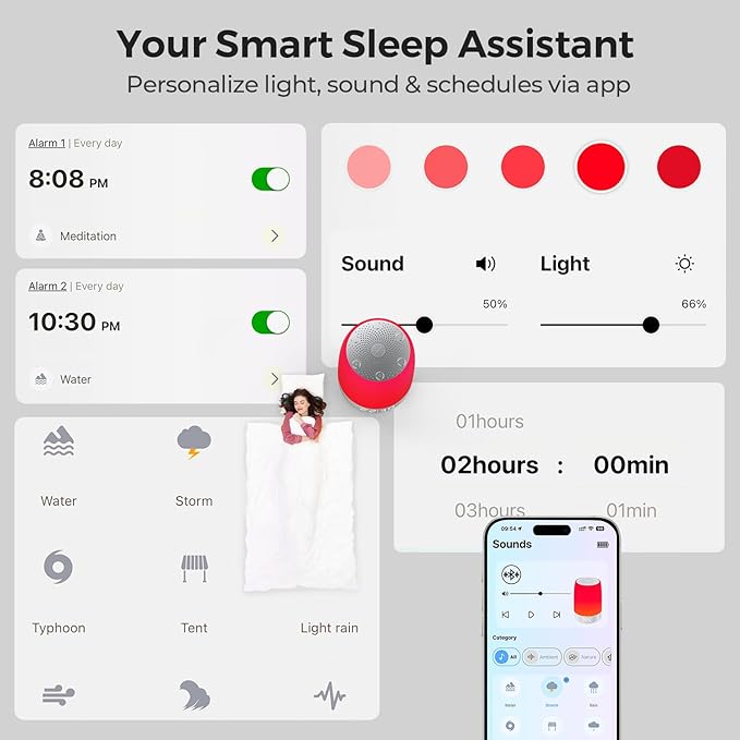Smart Red Light Therapy Lamp & Sleep Sound Machine for Bedroom with Alarm Clock, Night Light with App Control, 5-Level Red Light (620–690nm), 32 White Noises, Custom Timer, 2600mAh Battery, 7 Alarms