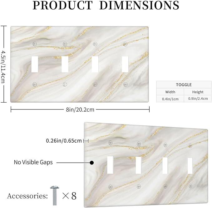White Grey Gold Marble Simple Tiles Light Switch Covers Quad Toggle Electrical Faceplate 4 Gang Wall Plate Decorative Switch Plates for Bathroom Kitchen Decor