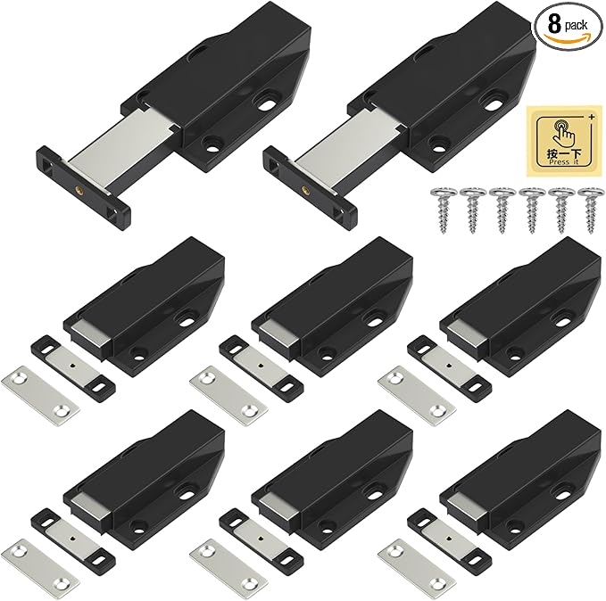 Push to Open Latches Jiayi Magnetic Push Open Catch Touch Latches for Cabinet Kitchen Drawer Closer Touch Release Open for RV Cupboard Door Damper, Large Push to Open Wardrobe Closure ((Black, 8 Pack)