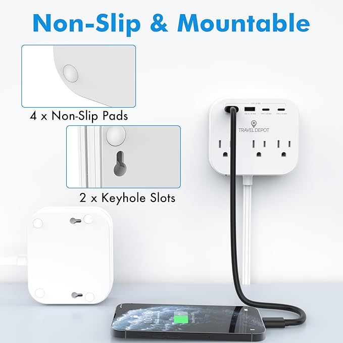 Cruise Essentials Flat Plug Power Strip, Durable 5 ft Extension Cord w/ 3 Outlets Extender & Built-In Type C Cable, 2 USB & 2 USB-C Ports, No Surge Protector for Cruise Travel, Dorm, Home