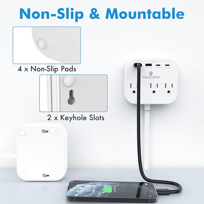 Cruise Essentials Flat Plug Power Strip, Durable 5 ft Extension Cord w/ 3 Outlets Extender & Built-In Type C Cable, 2 USB & 2 USB-C Ports, No Surge Protector for Cruise Travel, Dorm, Home
