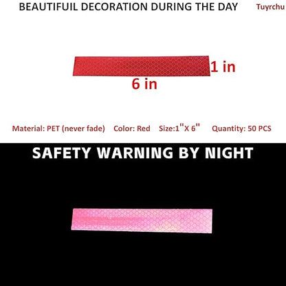 Non Fading Red Reflective Stickers 1 inch X 6 inch, Outdoor Waterproof High Visibility Warning Safety Adhesive Reflector Tape (50 Pcs)