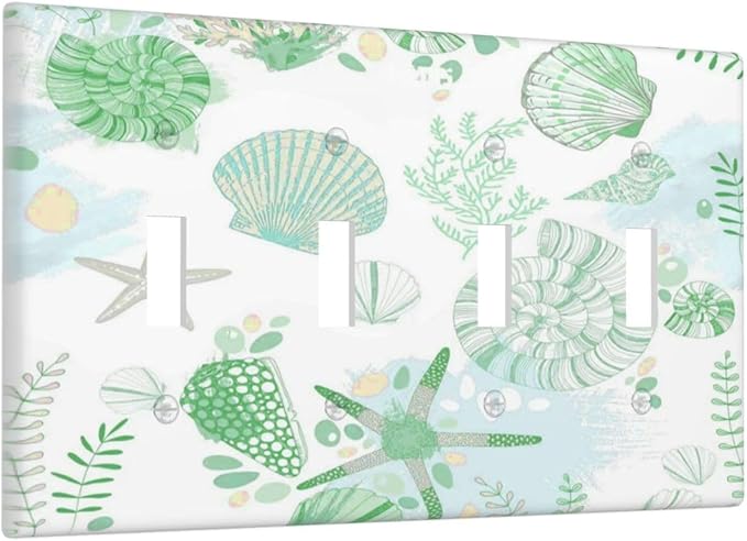 Beach Nautical Starfish Scallop Coral Conch Light Switch Covers Quad Toggle Electrical Faceplate 4 Gang Wall Plate Decorative Switch Plates for Bathroom Home Decor