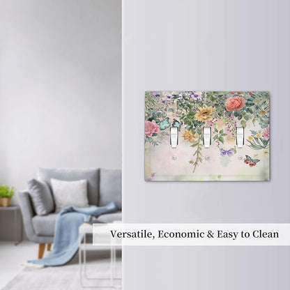 Light Switch Covers Rustic Floral Watercolor Flower Blossom Butterfly 3 Gang Wall Plates Triple Toggle Outlet Cover Decorative Switchplates Electrical Panel Cover for Kitchen Living Room 4.8 X 6.7 IN