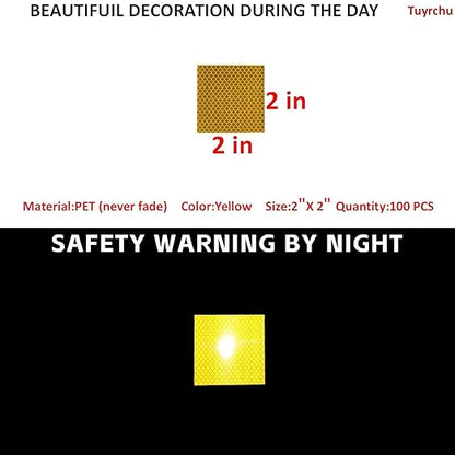 Non Fading Yellow Reflective Stickers 2 inch X 2 inch, Outdoor Waterproof High Visibility Warning Safety Adhesive Reflector Tape (100 Pcs)