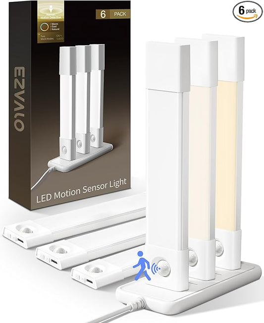 EZVALO 6 Pack Led Under Cabinet Lighting Wireless with Charging Station, 7’’Rechargeable Motion Sensor Light Indoor, 3 Color Dimmable Motion Activated Cabinet Lights for Kitchen Bookshelf, Stair