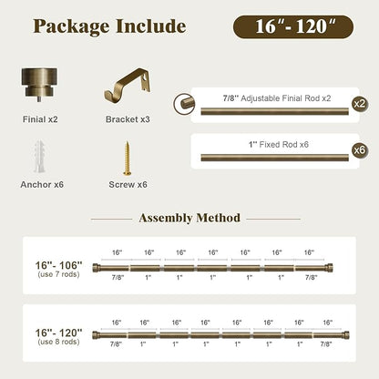 Oneach Heavy Duty Curtain Rods for Windows 66 to 120 Inch, 1 Inch Antique Bronze Curtain Rod, Adjustable Length Rod with Metal Finials, Modern Decor for Bedroom Kitchen Living Room(16 to 120 Inch)