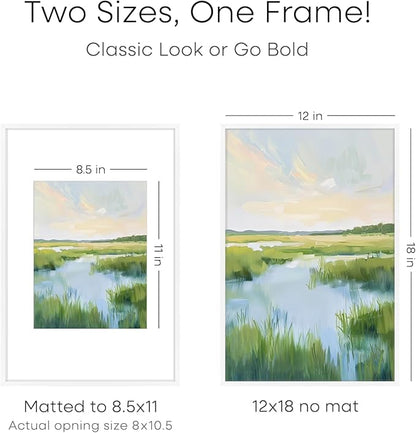 Homeforia 12x18 Picture Frame White, High End Metal 12x18 Poster Frames with Mat 8.5x11 Photo, 12 x 18 White Frames Matted to 8.5 by 11 inch Print, 18x12 Thin Frame, Tempered Glass, Wall Kit, Set of 1