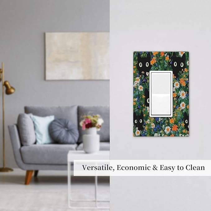 Boho Funny Black Cute Cats Daisy Wildflower Decorative Outlet Covers 1 Gang Single Rocker Light Switch Cover Plate Wall Plates Gfci Faceplate For Kids Room Bed Room Decor