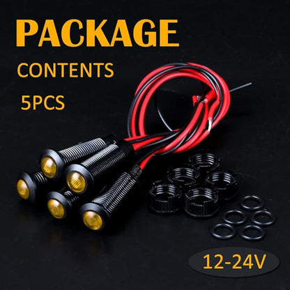 5pcs 8mm LED Indicator Light Plastic Black Signal Dot Lamp 12V-24V 5/16" Mounting Hole Size with 15cm/5.9in. Wire (Yellow LED)