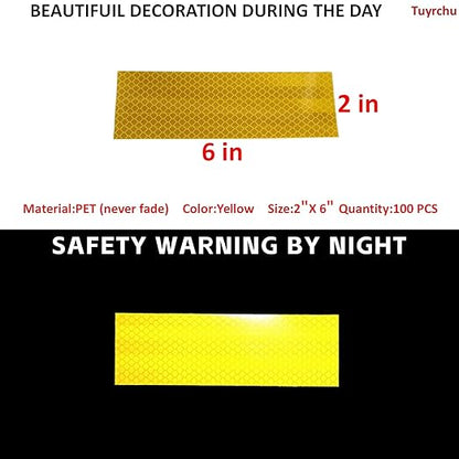 Non Fading Yellow Reflective Stickers 2 inch X 6 inch, Outdoor Waterproof High Visibility Warning Safety Adhesive Reflector Tape (100 Pcs)