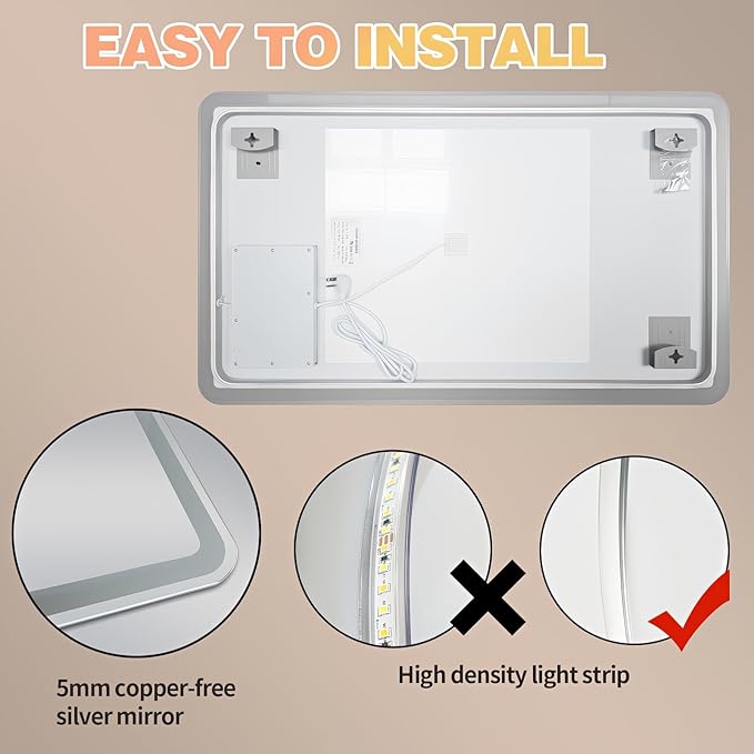 Niccy 24"x36" LED Bathroom Mirror, Rectangle Vanity Mirrors with Lights, Frontlit & Backlit Lighted Vanity Mirror, Memory Funtion, 3 Colors & Stepless Dimmable, Anti-Fog, Horizontal/Vertical