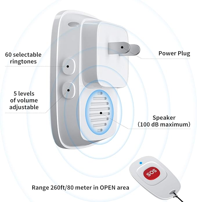 Caregiver Pagers Wireless Call Button for Elderly Patient Personal in Home Life Alert System for Seniors Range 260ft/80Menter,60 Ringtones (1SOS Button+1 Receiver)