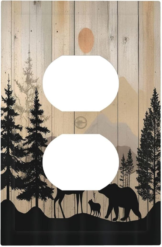 Outlet Covers Wood Board Wildlife Cute Bear Deer Forest Rustic 1 Gang Duplex Wall Plate Decorative Switch Plates Electrical Receptacle Faceplate Light Switch Cover for Bathroom Farmhouse
