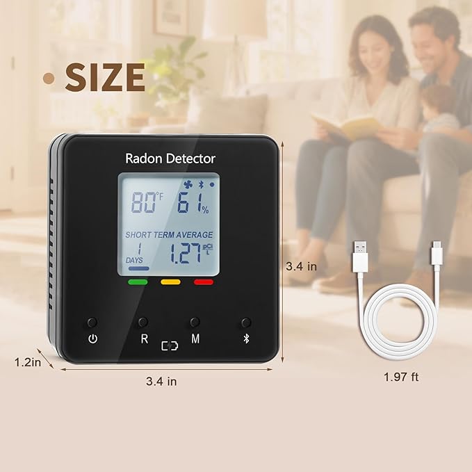 Bluetooth Radon Detector for Home, Portable Radon Tester with Real Time Gas Concentration, Temp & Humidity Monitoring, App Alerts, Detect Hidden Risks and Breathe with Confidence, Black