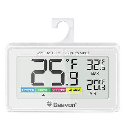 Geevon Digital Refrigerator Thermometer,IP65 Waterproof Fridge and Freeze Thermometer with Magnetic Back Large LCD,Max/Min Record Function for Home,Commercial (White-1Pack)