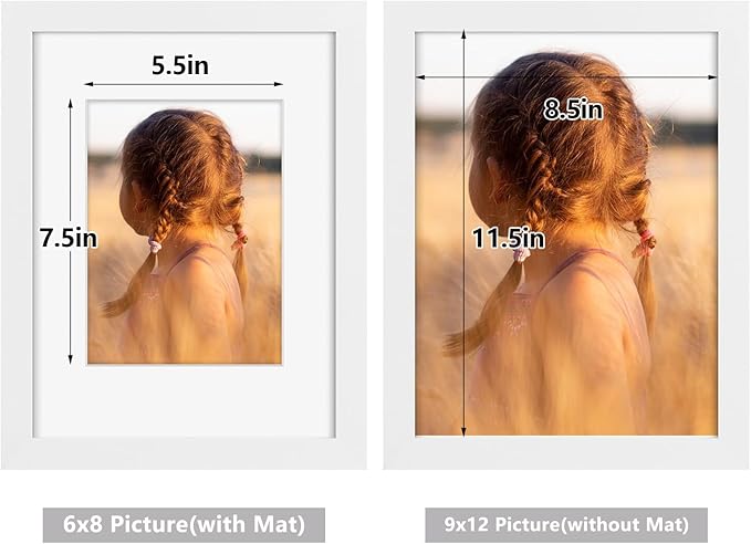 Golden State Art, 9x12 Picture Frame with Mat for 6x8 - High Definition Glass Wall Mounting Horizontal Vertical Display (White, 2 Pack)