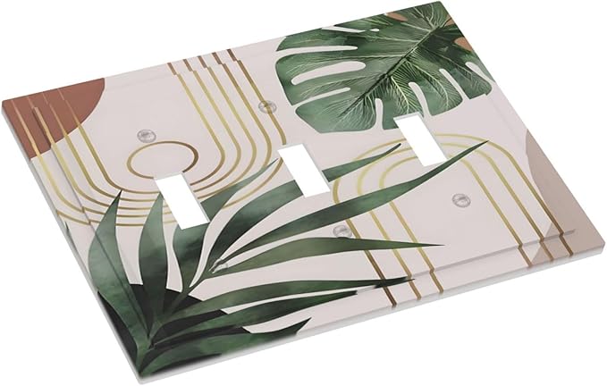 Decorative Light Switch Plate Covers Boho Mid Century Abstract Arch Green Leaves 3 Gang Light Switch Cover Plate Triple Toggle Wall Plate Outlet Covers for Bedroom Home Decor