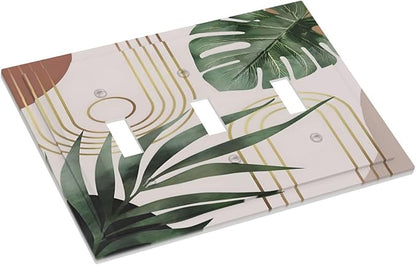 Decorative Light Switch Plate Covers Boho Mid Century Abstract Arch Green Leaves 3 Gang Light Switch Cover Plate Triple Toggle Wall Plate Outlet Covers for Bedroom Home Decor