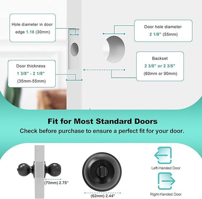 Fingerprint Door Lock, Smart Door Knob, Keyless Entry Door Lock with App Control, Thumbprint Door Knob with Extra Power Bank, Suitable for Home, Apartments, Office - Matte Black