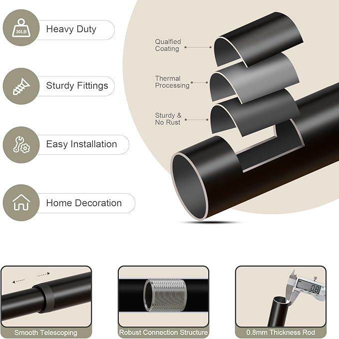 Black Curtain Rods for Windows 28 to 48 Inch, 1'' Adjustable Heavy Duty Curtain Rod，Vintage Decorative Drapery Rods with Pumpkin Finials for Bedroom Living Room