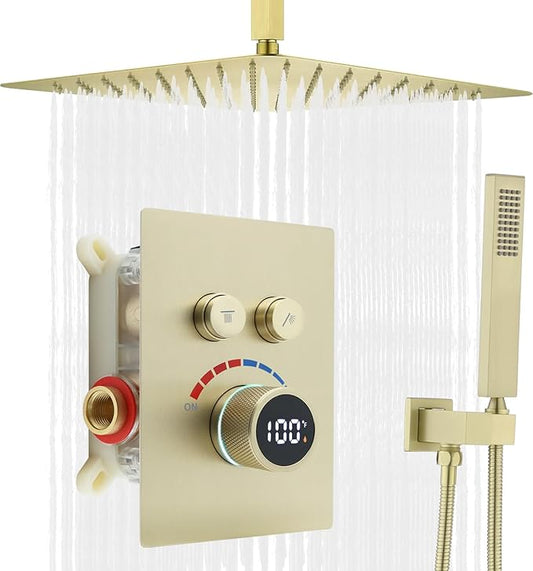 Digital Display Shower System Set 16 Inches Rain Fall Head Temperature Valve Shower Handheld Shower Head Sets for Bathroom Concealed Installation