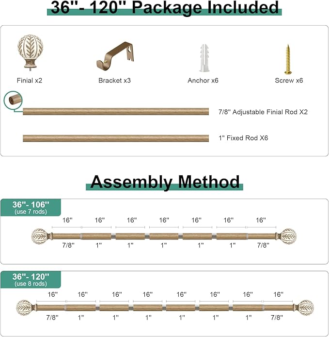 Boho Wood Curtain Rods for Windows 66 to 120 inch,1" Adjustable Heavy Duty Window Curtain Rod with Imitation Wood Grain Finials,Rustic Decorative Drapery Rods Set,Size:36-120'',Weathered Wood