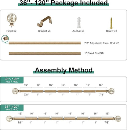 Boho Wood Curtain Rods for Windows 66 to 120 inch,1" Adjustable Heavy Duty Window Curtain Rod with Imitation Wood Grain Finials,Rustic Decorative Drapery Rods Set,Size:36-120'',Weathered Wood