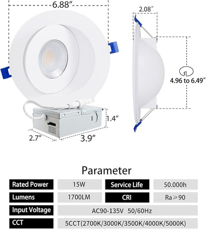 Adetu Recessed Lighting 6 inch, 360°+90° Adjustable Directional 6 inch Gimbal Led Recessed Light, 2700K-5000K 5CCT Dimmable Retrofit Eyeball Can Recessed Lights with Jbox, ET (White-12 Pack)