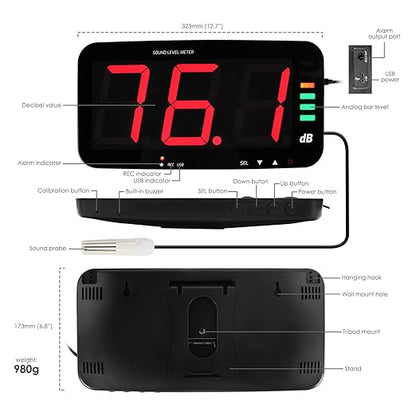 Decibel Meter Recorder 13 Inches Sound Level Meter, Wall Mount Noise Meter for Classroom Sound Meter with 16.4ft Sensor, Buzzer Alarm and Unlimited Data Logging, Noise Meter Decibel for Studio, Home