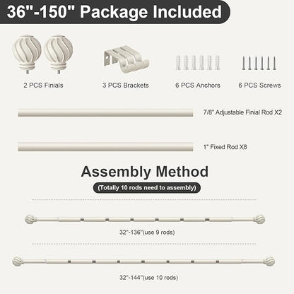 White Long Curtain Rods for Windows 72 to 144 Inch 7/8" Diamete Heavy Duty Adjustable Window Curtain Rod with Decorative Finials for Farmhouse Bedroom Living Room Kitchen Outdoor