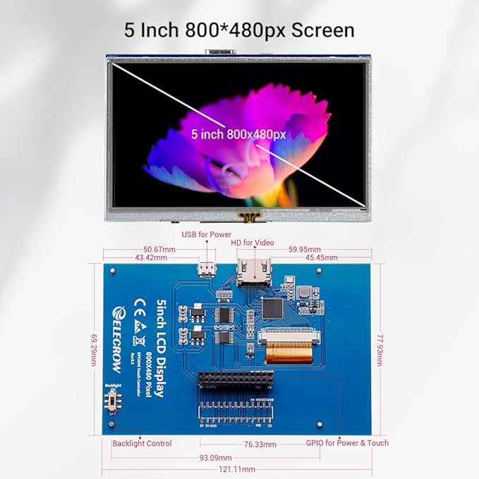 ELECROW 5-Inch Resistive Touch Screen TFT LCD Display, 800x480 HD Resolution, Compatible with Raspberry Pi 5/4/3/2B/Zero, Banana Pi, Jetson Nano, Windows 11/10/8/7