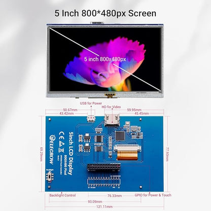 ELECROW 5-Inch Resistive Touch Screen TFT LCD Display, 800x480 HD Resolution, Compatible with Raspberry Pi 5/4/3/2B/Zero, Banana Pi, Jetson Nano, Windows 11/10/8/7